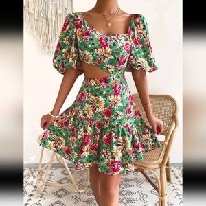 Floral • Unique Puff Sleeve • Dress with Open Side